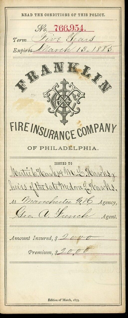 1885 Franklin Fire Insurance Company of Philadelphia Policy