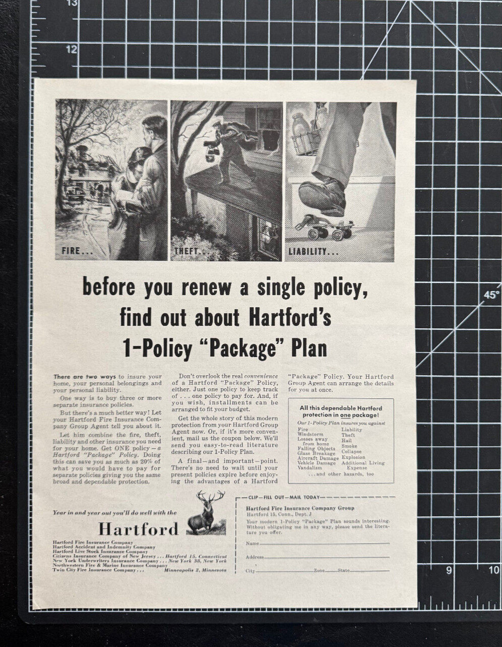 Hartford Insurance Fire Theft Liability CT 1 Policy Plan Vintage Print Ad 1956