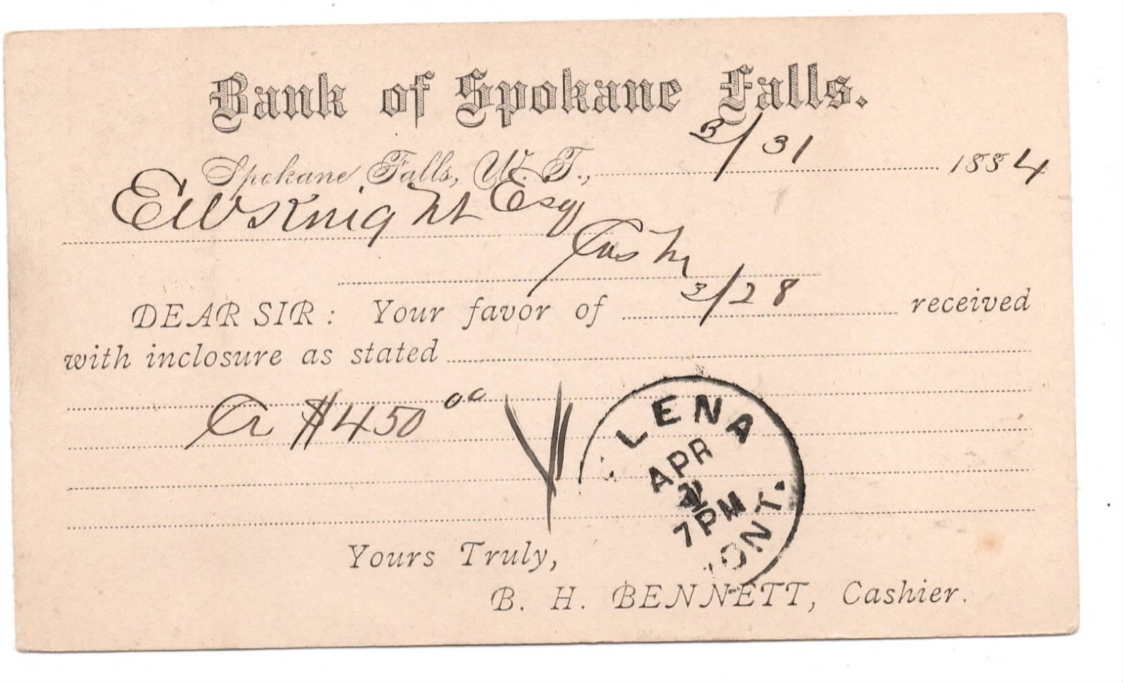 1884 Gov’t Postcard from Bank of Spokane Falls W.T. Washington Territory