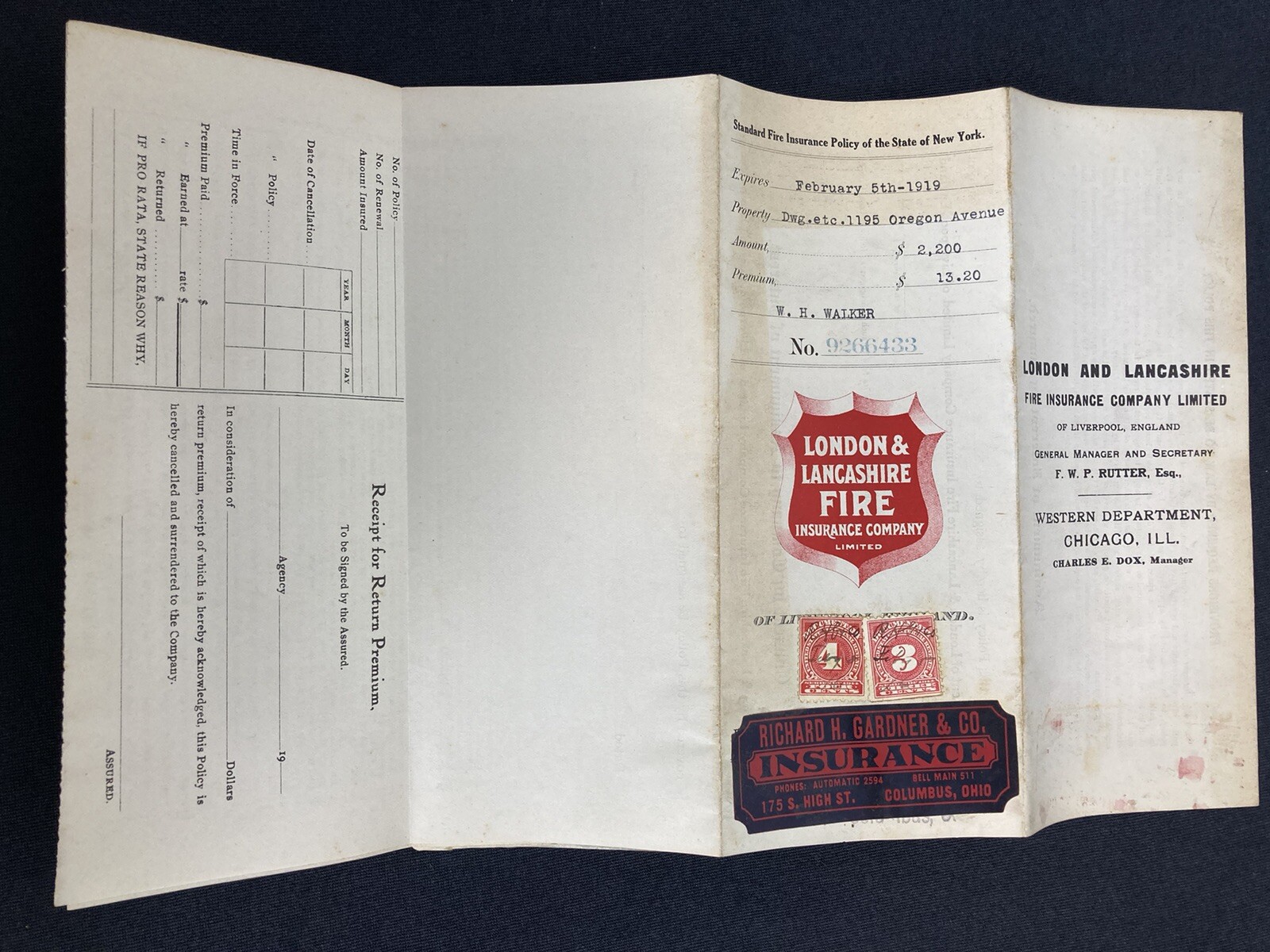 London & Lancashire Fire Insurance Company Policy 1919 Paperwork Brochure