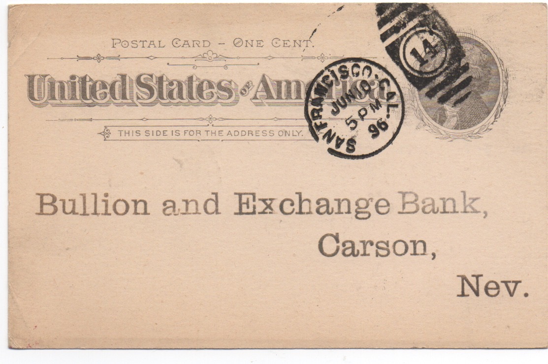 1896 Postcard from the Anglo Bank SF to the Bullion & Exchange Bank Carson City