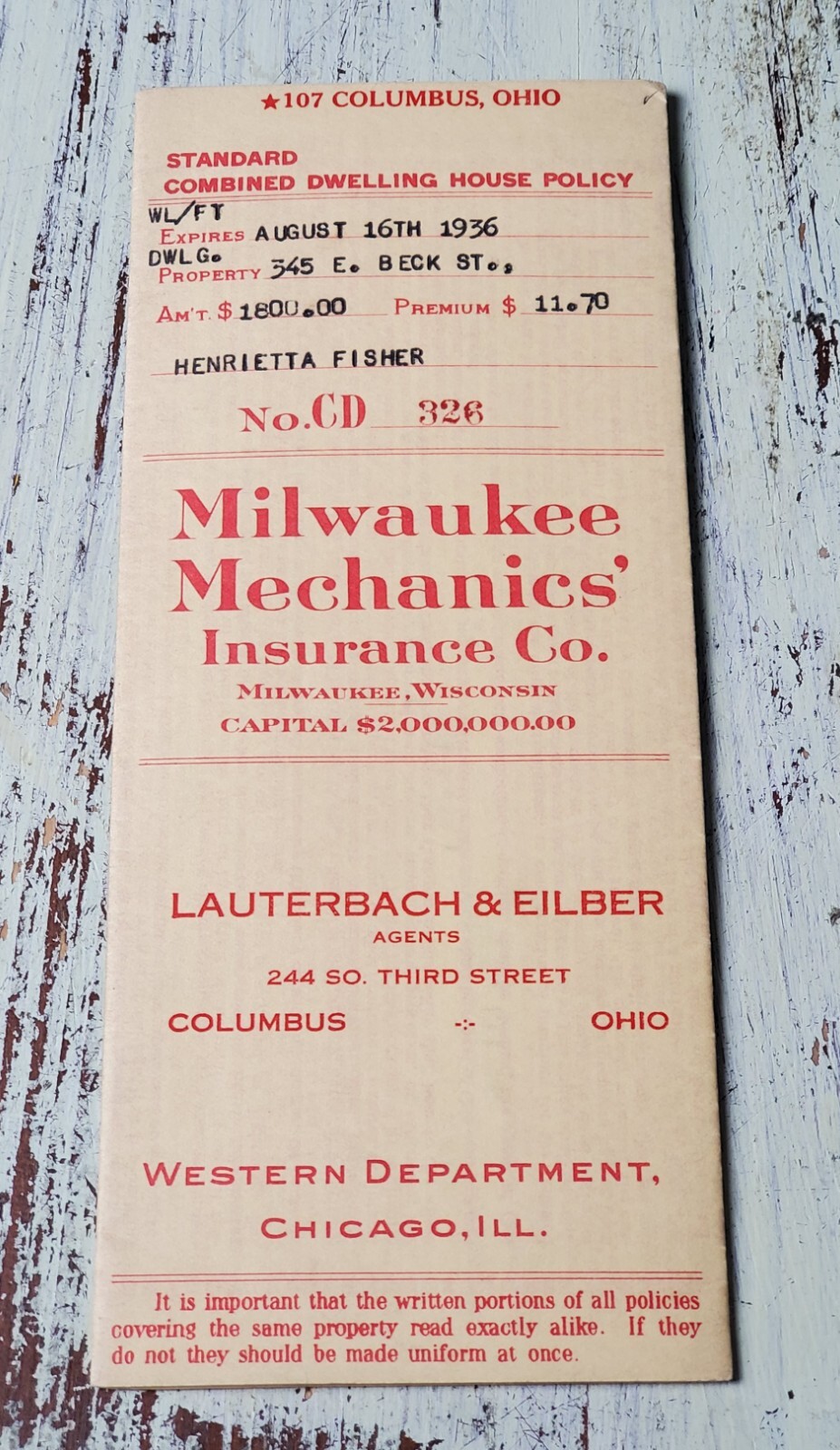 AUTHENTIC Milwaukee Mechanics Insurance Co, House Policy, 1933, Columbus Ohio