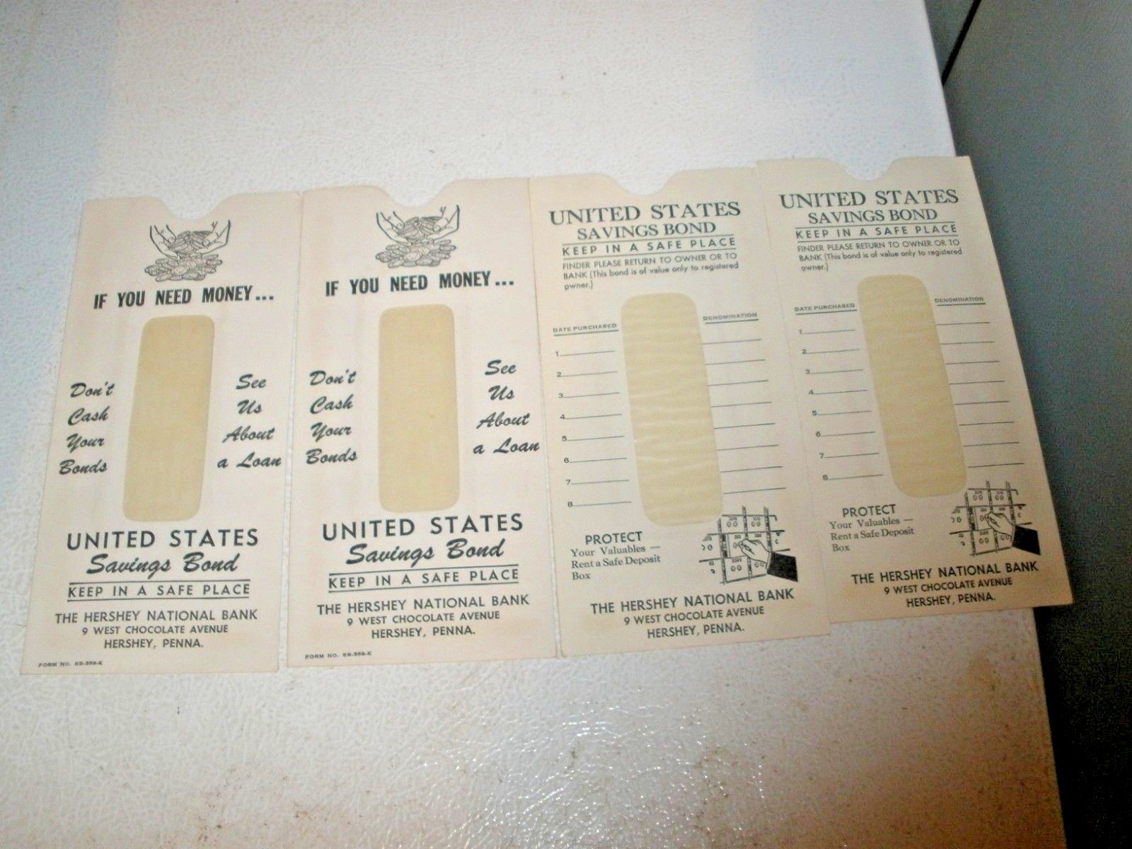 Lot of 4 NEW United States Savings Bond Envelopes Hershey National Bank PA