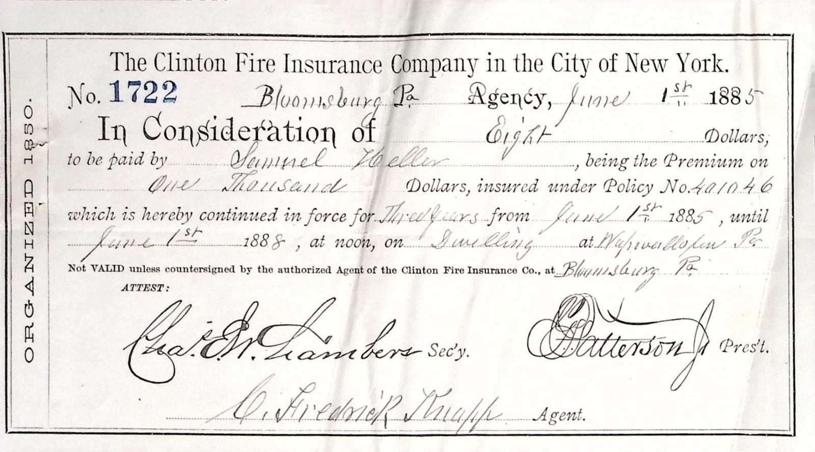 1885 Clinton Fire Insurance Company Bloomsburg Pennsylvania Policy Receipt