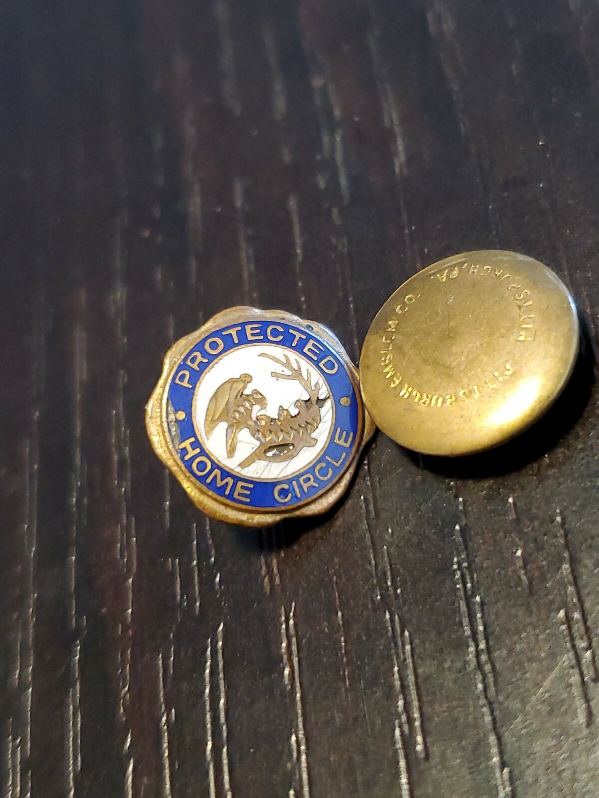 Antique Protected Home Circle Insurance Gold tone LAPEL PIN Eagles Nest bin gp