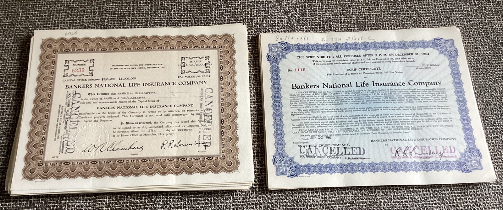 Vintage Lot of 100 :Bankers National Life Insurance CO. Certificates (Cancelled)