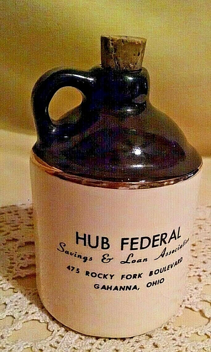 HUB FEDERAL BANK GAHANNA OHIO VINTAGE JUG SHAPED CORK STOPPER SAVINGS LOAN.