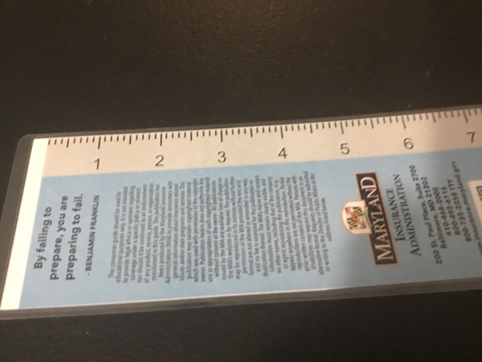 Maryland Insurance Administration Book Mark and Advertising Plastic Ruler