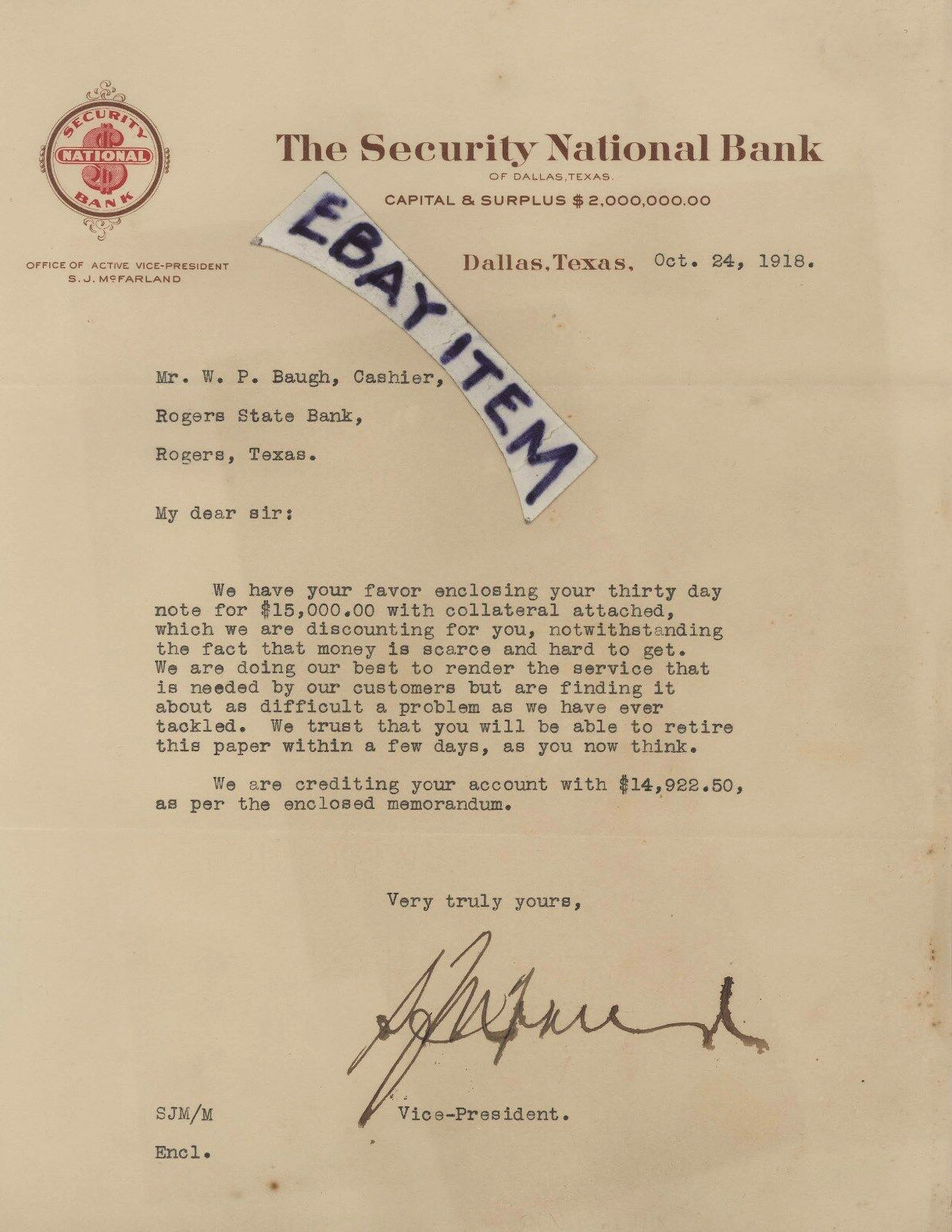 1918 S. J. McFARLAND Dallas Texas SECURITY NATIONAL BANK letterhead signed