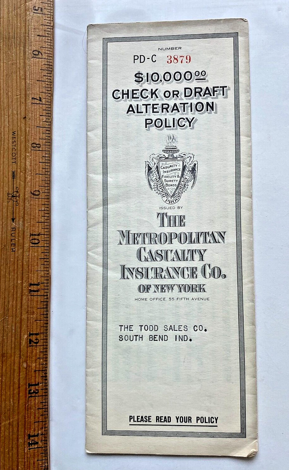 1925 Check/Draft Alteration Insurance Policy. NJ, IN & IL Railroad. South Bend