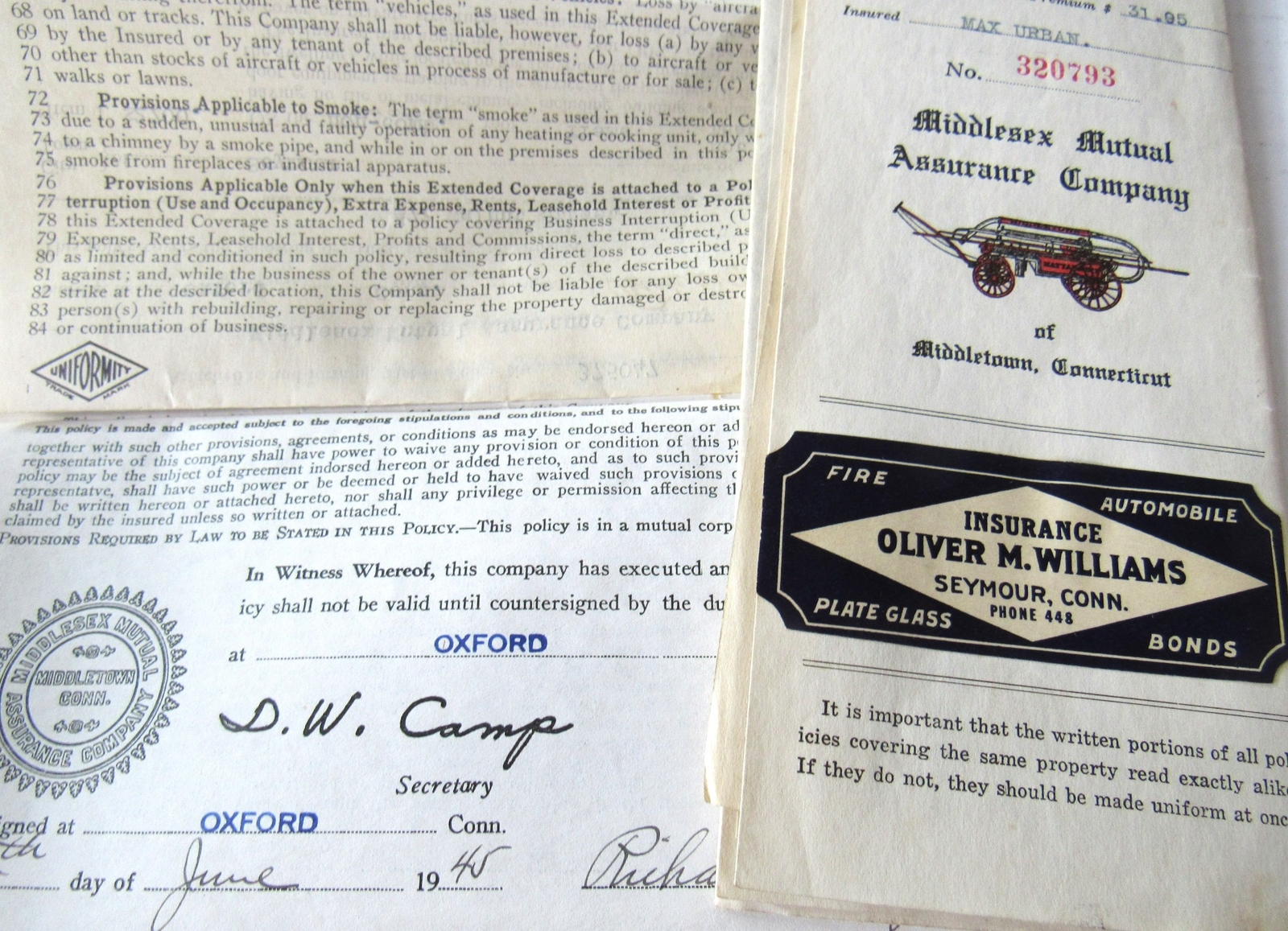 1940’s Middlesex Mutual Policy Lot Middletown CT Urban Seymour Barn Dwelling US
