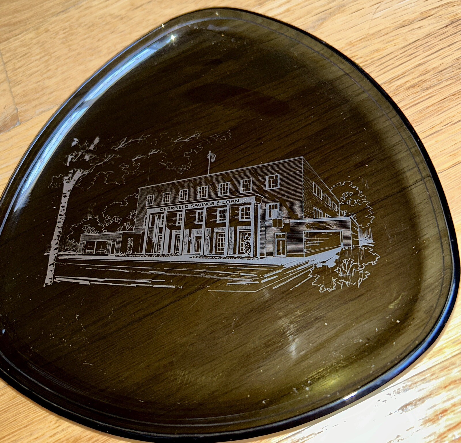 Vintage DEERFIELD ILLINOIS SAVINGS & LOAN Bent Glass Commemorative Dish