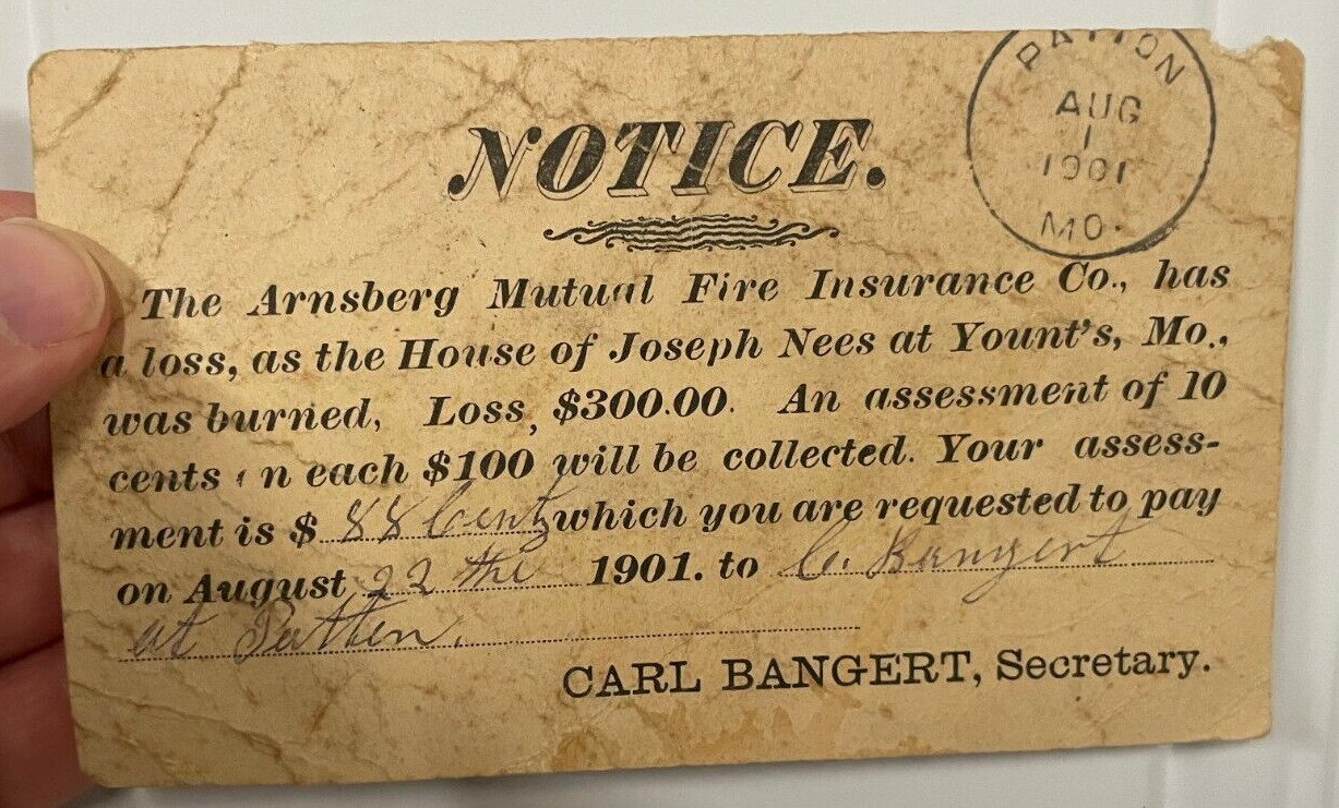 Antique Arnsberg Fire Ins Co Insurance Card 1901 Joseph Nees Younts MO Lixville