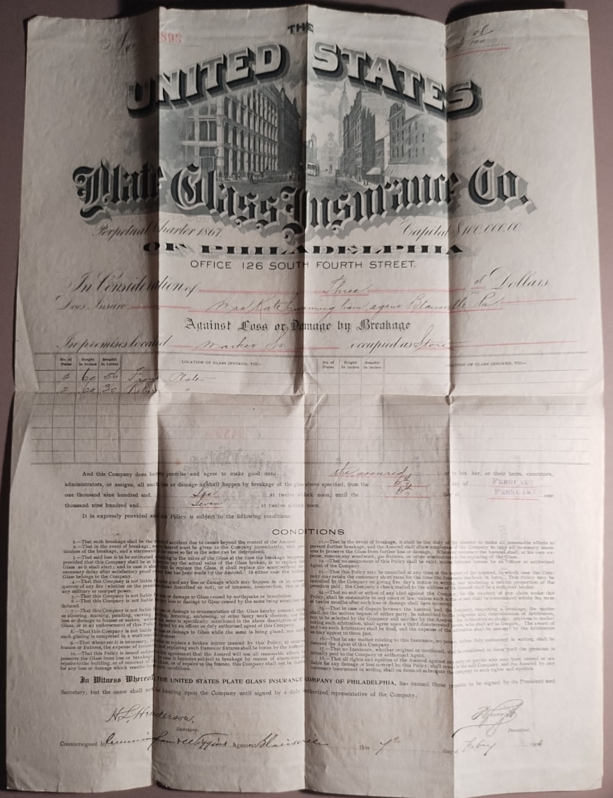 1906 United States Plate Glass Insurance Co Policy Blairsville Illustrated B4-48